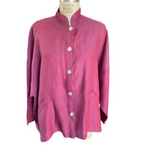 bryn WALKER 100% Linen Magenta Pink Relaxed Fit Standup Collar Blouse Size Small
